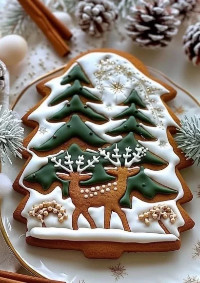 Gingerbread cookies decorated with a winter forest design, perfect for holidays.