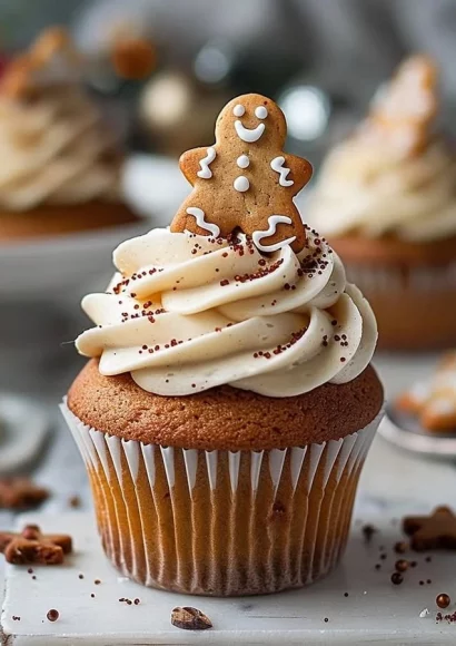 Delicious gingerbread cupcakes topped with creamy frosting and festive decorations