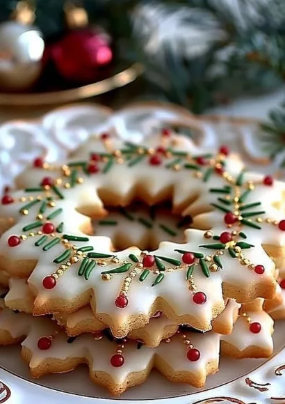 Golden Holly Crown Cookies decorated for the holidays