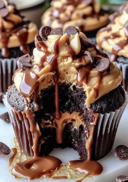 Gooey peanut butter lava cupcakes with melting chocolate center