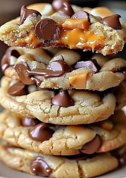 Gooey Reese's Cheesecake Cookies with cheesecake filling and chocolate drizzle