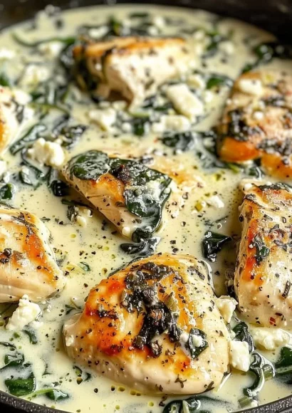 Greek Creamy Spinach Feta Chicken dish with spinach and feta cheese