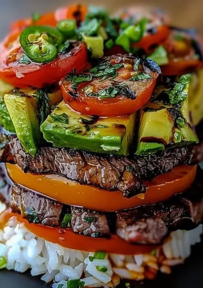 Grilled Beef Tomato Avocado Rice Stack served on a plate