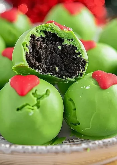 Festive Grinch Oreo Balls decorated for the holiday season