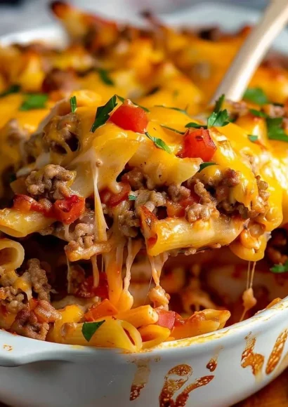 Delicious Hamburger Casserole served in a baking dish with melted cheese
