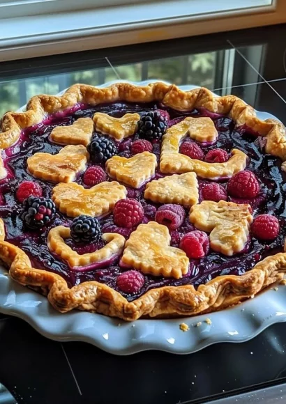 Heart-shaped berry pie with fresh berries on top