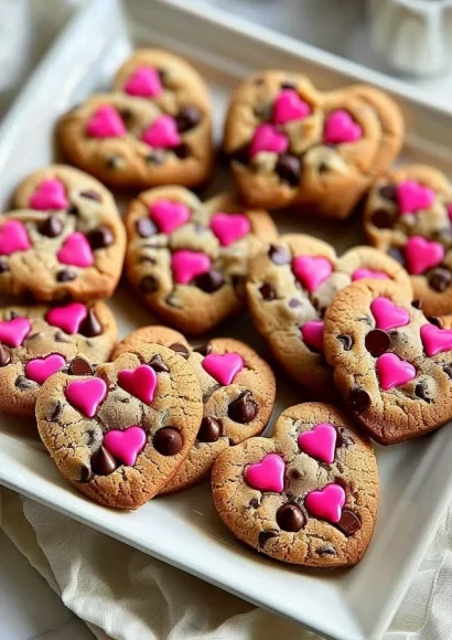 Heart-shaped chocolate chip cookies on a decorative plate