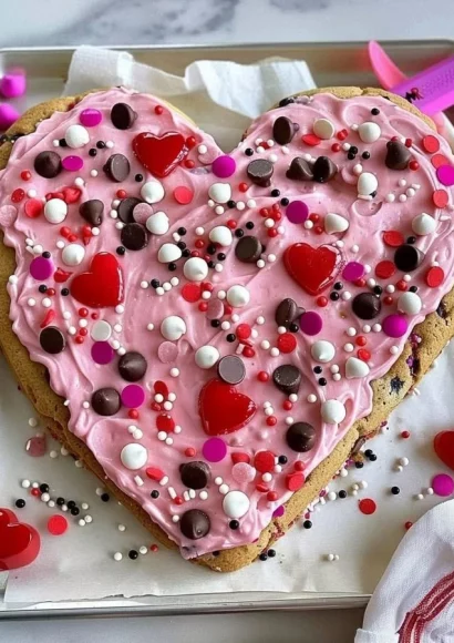 Heart-shaped cookie cake decorated for Valentine's Day celebration.
