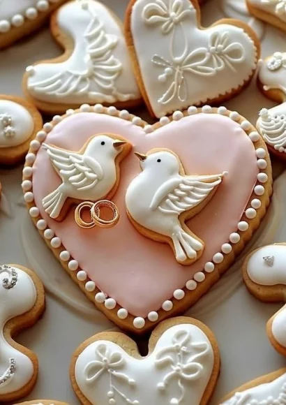 Beautiful heart-shaped cookies with doves and wedding rings for special occasions.