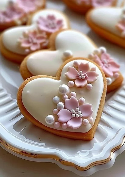 Heart-shaped cookies decorated with royal icing and colorful fondant flowers