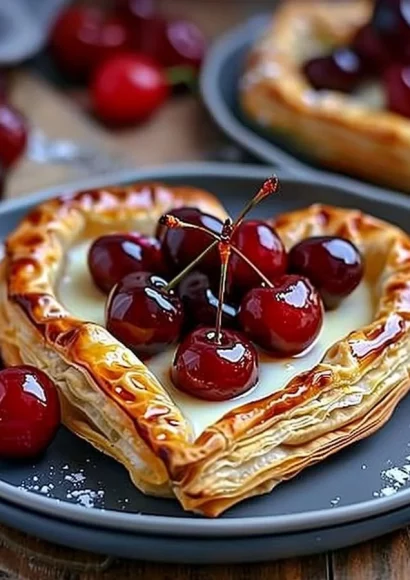 Heart-shaped puff pastries with custard and cherries on a decorative plate