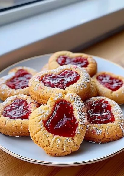 Heart-shaped raspberry jam cookies on a plate, perfect for desserts.
