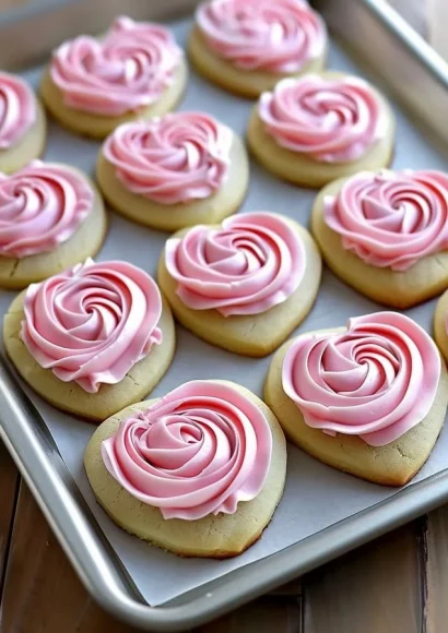 Heart-shaped sugar cookies decorated with buttercream roses.