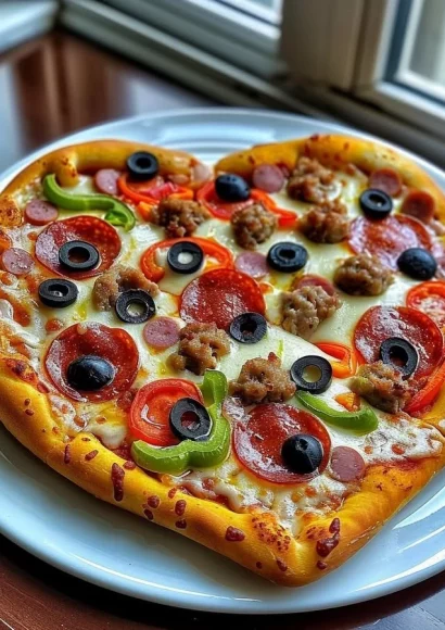 Heart-shaped supreme pizza topped with pepperoni, veggies, and cheese