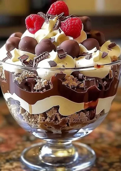 Heavenly Chocolate Cheesecake Trifle with rich layers of chocolate and cheesecake.