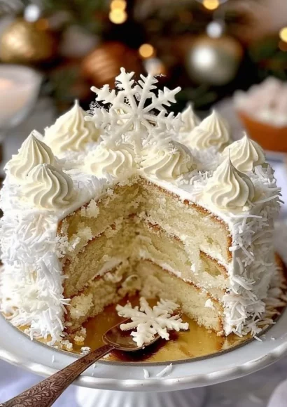 Slice of Heavenly Coconut Snowflake Cake topped with coconut flakes and cream frosting