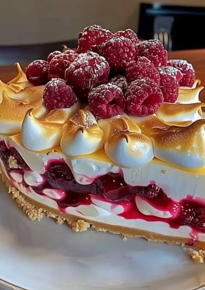 Heavenly lemon raspberry cheesecake with meringue topping