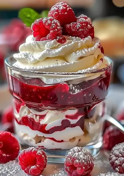 Heavenly raspberry white chocolate mousse parfait in a glass, garnished with berries.