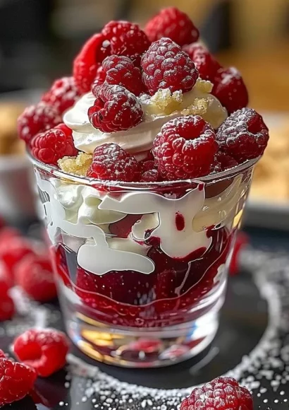 Heavenly Raspberry White Chocolate Mousse Parfait in a glass dish