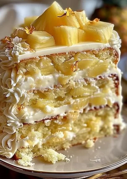 Heavenly White Chocolate Pineapple Cake topped with white chocolate shavings and pineapple pieces.