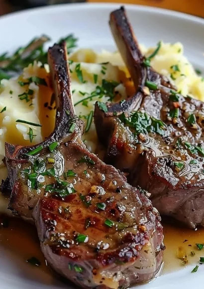Herb-crusted lamb chops served with garlic mashed potatoes on a plate