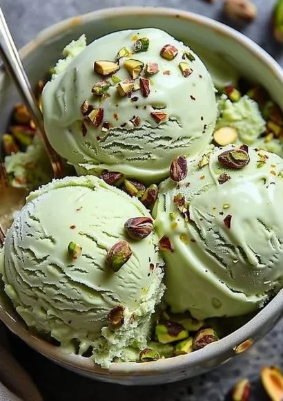 High protein pistachio ice cream in a bowl with nuts on top