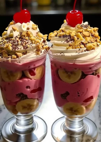 Delicious homemade banana split milkshakes topped with whipped cream and cherries