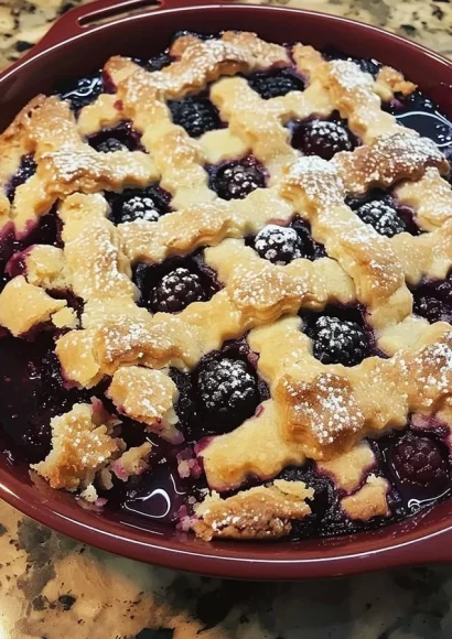 Delicious homemade blackberry cobbler baked to perfection with fresh blackberries.