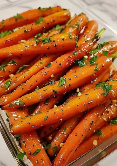Honey garlic butter roasted carrots on a serving platter