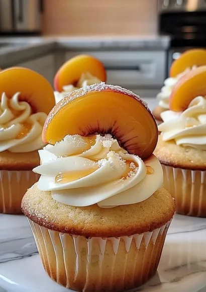 Honey Peach Cream Cheese Cupcakes topped with peach slices and cream cheese frosting