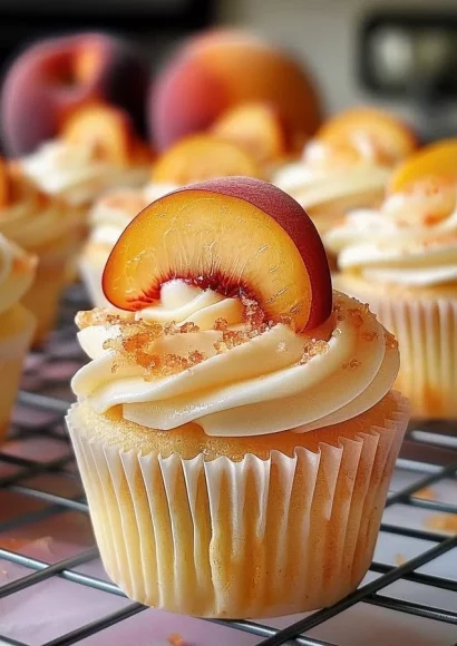 Honey Peach Cream Cheese Cupcakes topped with fresh peach slices