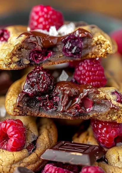 Irresistible raspberry chocolate chunk cookies with melted chocolate and ripe raspberries