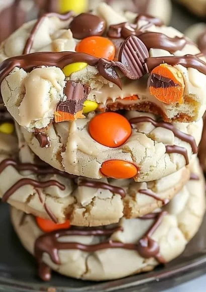 Delicious Reese's cheesecake cookies topped with chocolate and peanut butter.
