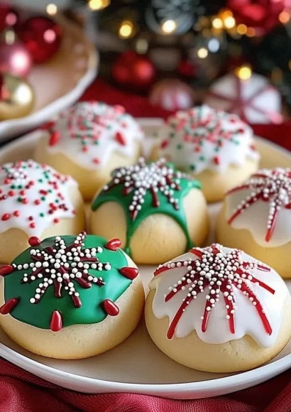 A plate of colorful Italian Christmas Cookies decorated with sprinkles and icing.