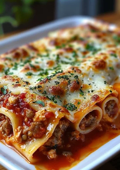 Delicious lasagna roll-ups with sausage and cheese topping, garnished with parsley.