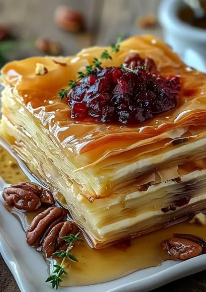 Layered phyllo pastry with brie, cranberry sauce, and pecans on a plate.