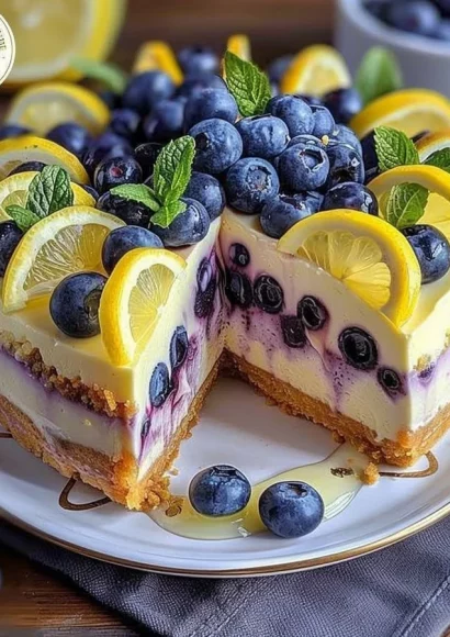Slice of lemon blueberry cheesecake delight topped with fresh blueberries