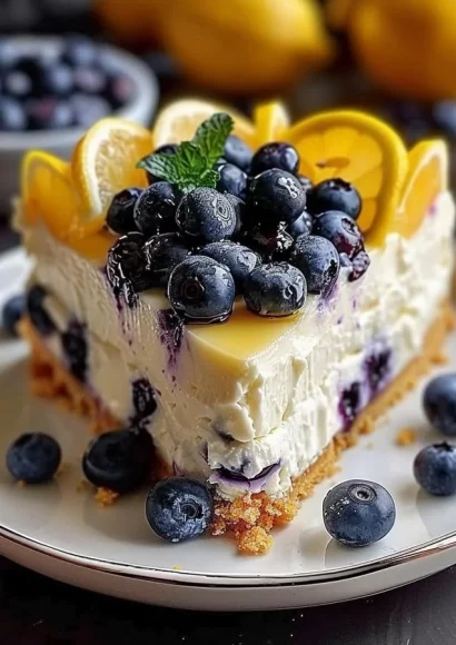 Delicious Lemon Blueberry Cheesecake with creamy layers and fresh berries