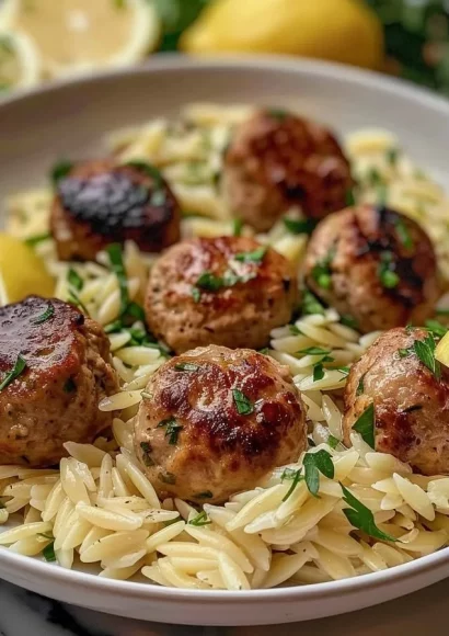 Lemon Chicken Ricotta Meatballs served with garlic orzo on a plate