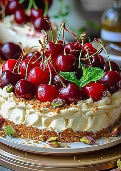 Lemon Lime Cherry Pistachio Cheesecake slice on a plate.