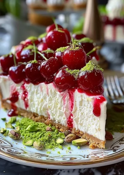 Delicious Lemon-Lime Cherry Pistachio Cheesecake topped with cherries and pistachios