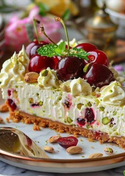 Lemon-Lime Cherry Pistachio Cheesecake topped with vibrant cherries and pistachios