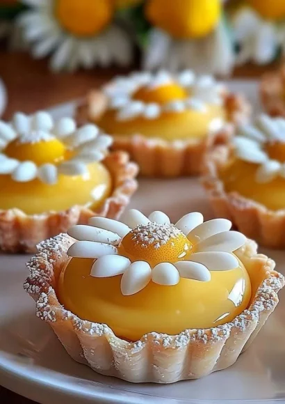 Charming lemon tartlets decorated with daisies for a festive presentation.