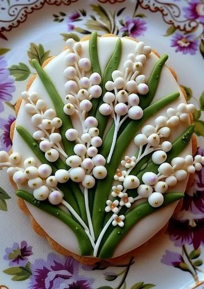 Lily of the Valley decorated sugar cookies on a white plate