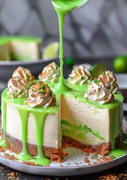 Delicious lime mousse cheesecake topped with a tangy lime glaze