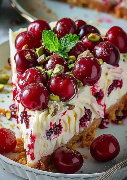 Luscious lemon-lime cherry pistachio cheesecake slice on a plate