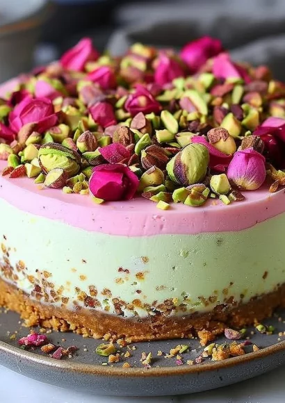 Luxurious Pistachio Rose Cheesecake with vibrant colors and elegant presentation.