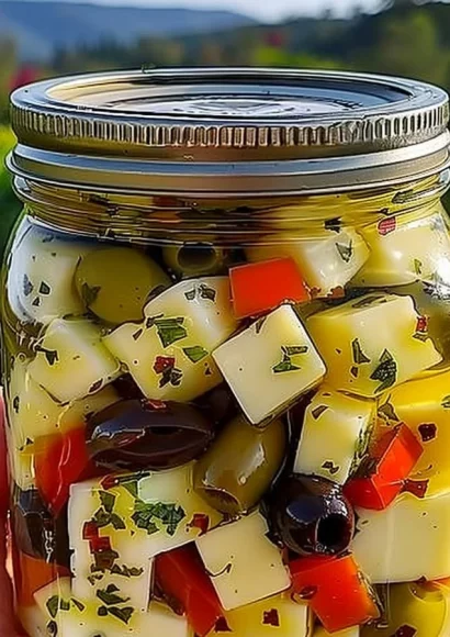 Delicious marinated cheese and olives served on a platter