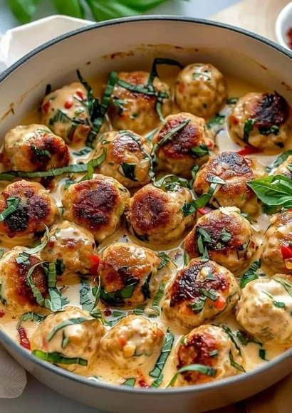 Delicious Marry Me Chicken Meatballs served with herbs and sauce