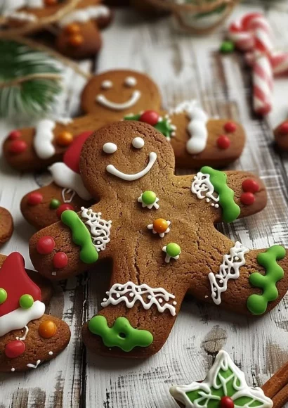 Festive Merry Christmas gingerbread cookies decorated with icing and candy